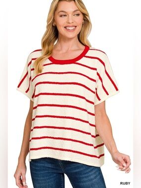 Zenana Striped Short-Sleeve Knit Top in Cream and Ruby Red